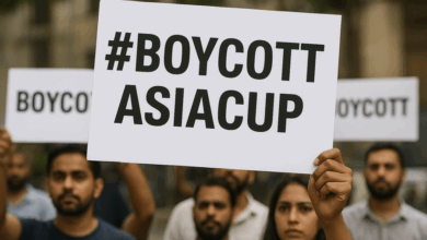 Protesters holding “#BoycottAsiaCup” signs amid controversy over India vs Pakistan match