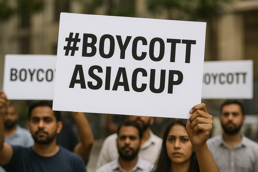Protesters holding “#BoycottAsiaCup” signs amid controversy over India vs Pakistan match